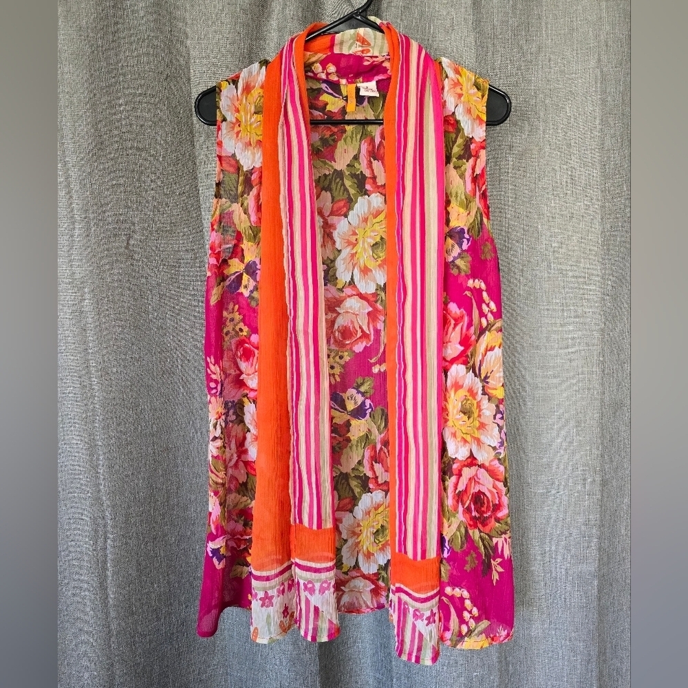 Anu 100% Rayon Sheer Colorful Floral And Striped Vest Shawl Sz Sm
